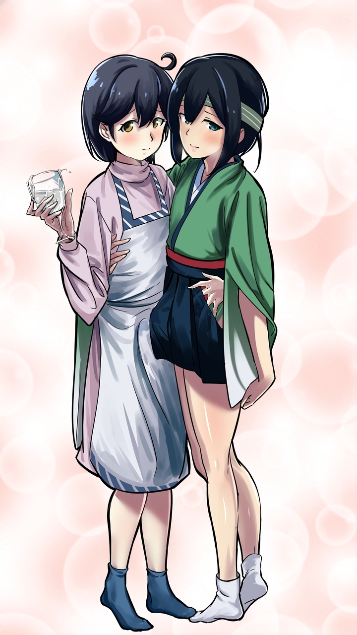 2girls alternate_costume apron black_hair black_legwear blush bobbles closed_mouth cup dress drinking_glass eyebrows_visible_through_hair green_eyes green_kimono hair_between_eyes headband highres japanese_clothes kantai_collection kimono looking_at_viewer multiple_girls skirt skirt_lift smile socks souryuu_(kantai_collection) ushio_(kantai_collection) vi3r6ein white_legwear wine_glass yellow_eyes