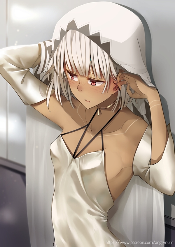 1girl altera_(fate) angry_num bangs bare_shoulders black_nails blunt_bangs blush breasts choker collarbone commentary dark_skin detached_sleeves dress fate/grand_order fate_(series) fingernails hands_in_hair headdress heroic_spirit_formal_dress indoors jewelry looking_down nail_polish open_mouth red_eyes shiny_floor short_hair silver_dress sleeveless sleeveless_dress small_breasts solo tan tattoo upper_body veil white_hair