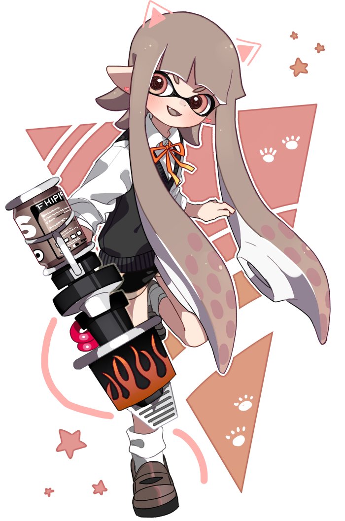 1girl bangs black_footwear black_shorts black_sweater blaster_(splatoon) blunt_bangs brown_eyes commentary domino_mask dress_shirt fang full_body grey_hair holding holding_weapon inkling leg_up loafers long_hair looking_at_viewer maco_spl mask neck_ribbon nintendo open_mouth paw_print pointy_ears red_neckwear ribbon shirt shoes shorts smirk socks solo splatoon splatoon_1 standing standing_on_one_leg star star_print sweater sweater_vest tentacle_hair triangle v-shaped_eyebrows weapon white_legwear white_shirt wing_collar