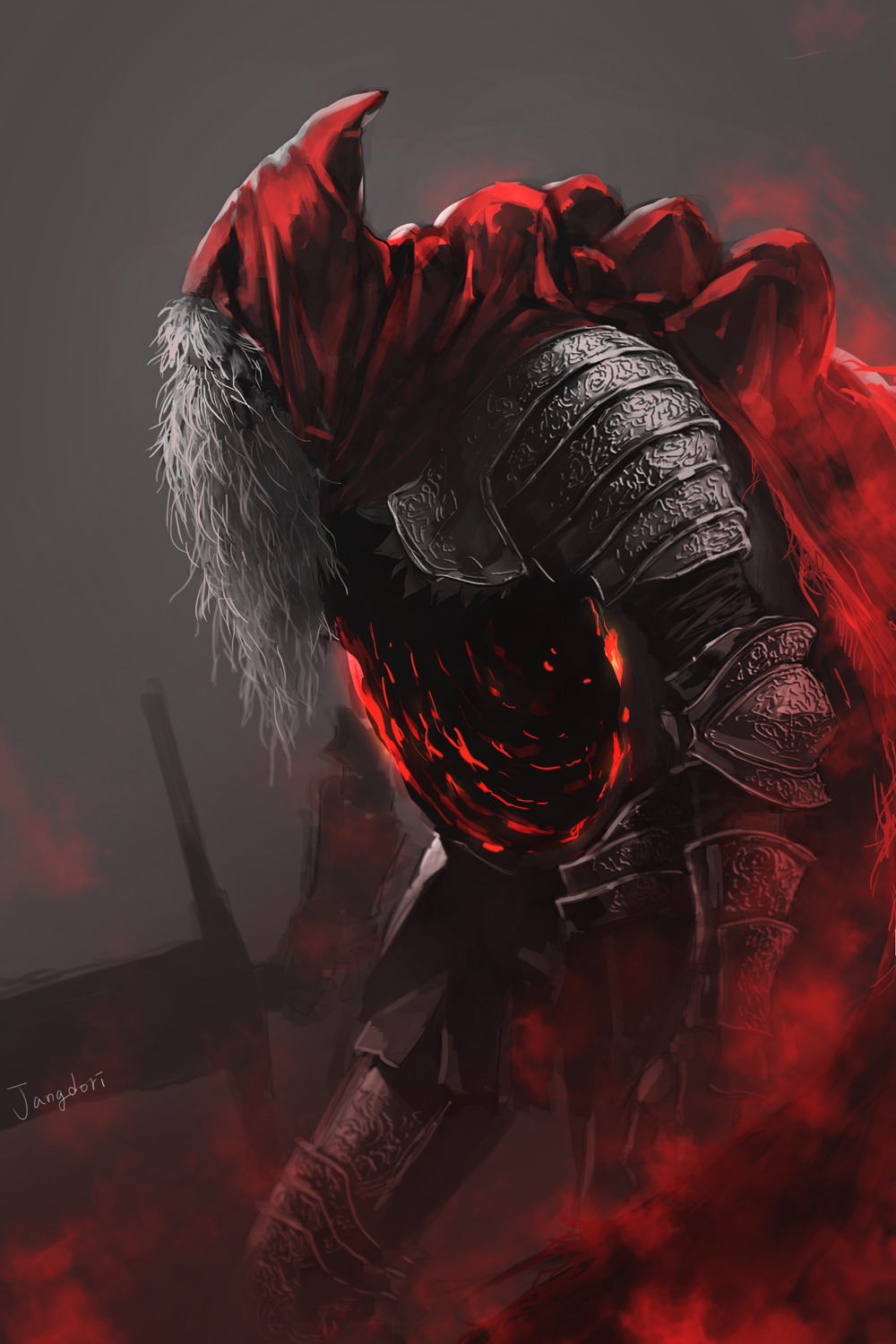 1other armor artist_name beard cape dark_background dark_souls dark_souls_iii facial_hair gauntlets greaves grey_background highres holding holding_sword holding_weapon jdori profile red_cape red_hood slave_knight_gael souls_(from_software) sword weapon white_hair