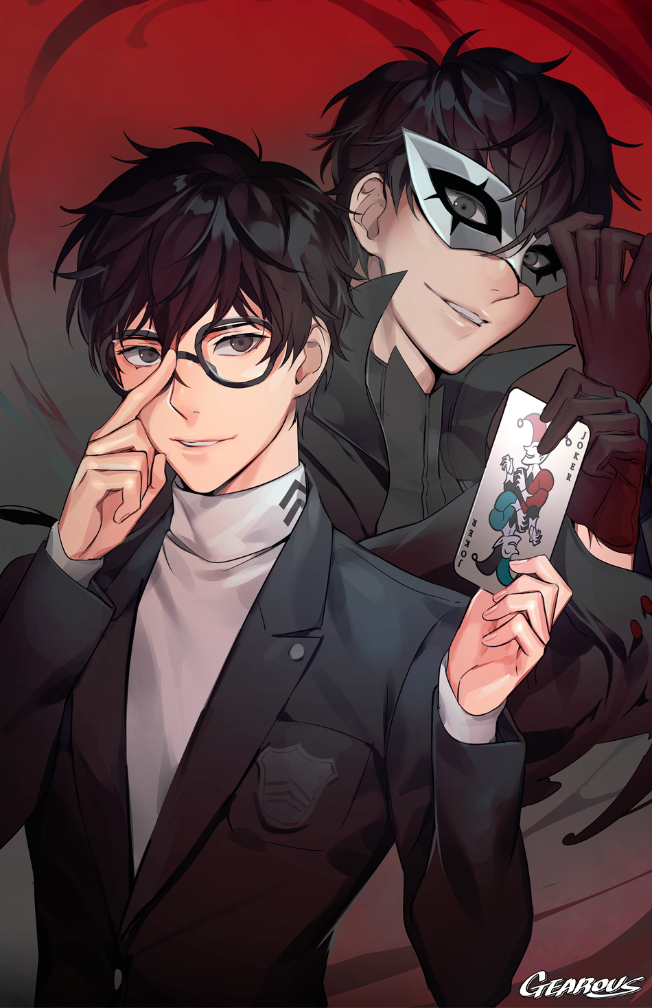 2boys adjusting_eyewear amamiya_ren artist_name atlus black-framed_eyewear black_eyes black_gloves black_hair black_jacket card dual_persona gearous glasses gloves grey_shirt grin highres holding holding_card index_finger_raised jacket joker joker_(persona) kurusu_akira mask megami_tensei multiple_boys name_joke parted_lips persona persona_5 shirt shujin_school_uniform smile upper_body