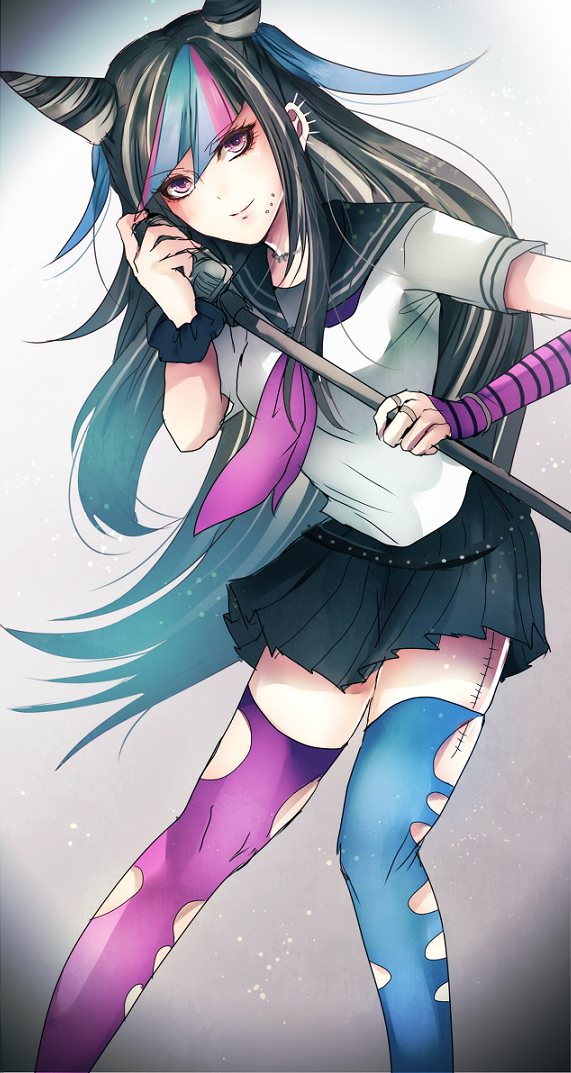 1girl asymmetrical_legwear black_hair black_skirt blue_legwear chin_piercing dangan_ronpa ear_piercing eyebrows_visible_through_hair hair_between_eyes holding holding_microphone jewelry looking_at_viewer microphone microphone_stand miniskirt mioda_ibuki multicolored_hair neckerchief necklace piercing pink_eyes pleated_skirt purple_legwear purple_neckwear scar school_uniform serafuku shirt short_sleeves skirt smile solo standing super_dangan_ronpa_2 thigh-highs torn_clothes torn_thighhighs white_shirt wrist_cuffs z-epto_(chat-noir86)