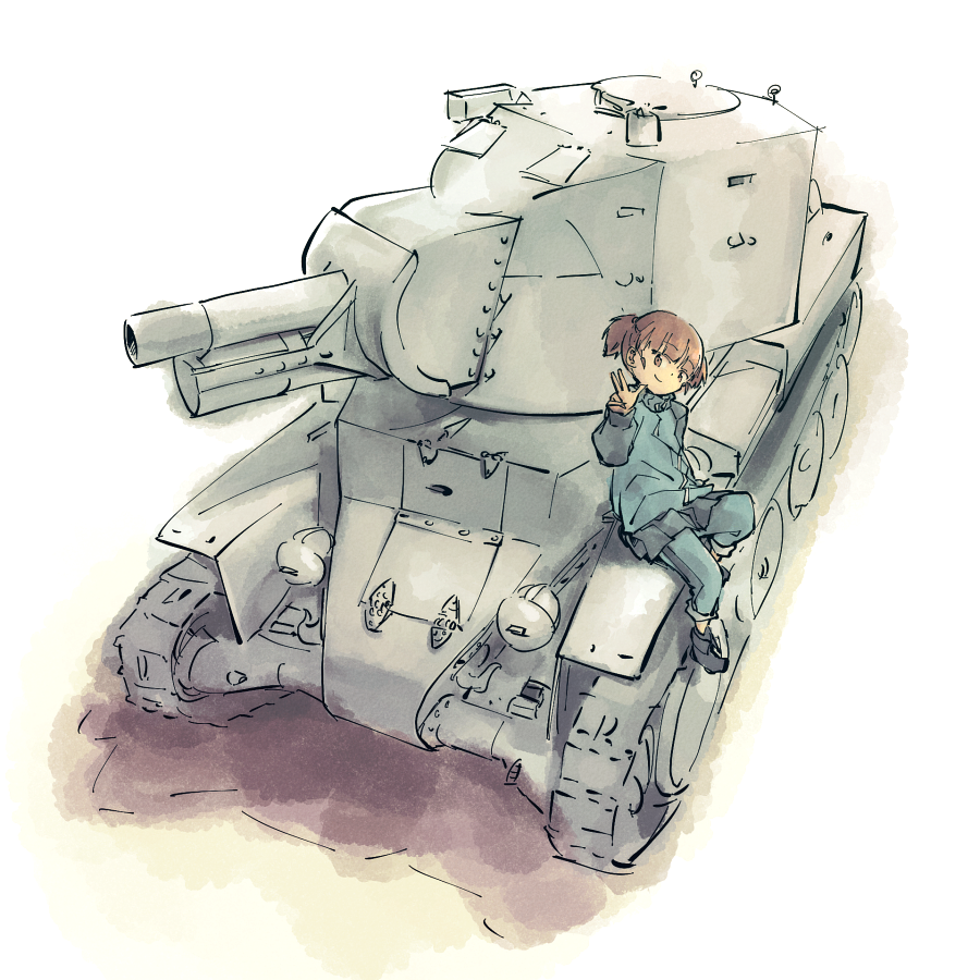 1girl ankle_boots bangs blue_footwear blue_jacket blue_pants blue_skirt blunt_bangs boots bt-42 closed_mouth commentary_request girls_und_panzer ground_vehicle jacket keizoku_military_uniform leaning_to_the_side long_sleeves looking_at_viewer mikko_(girls_und_panzer) military military_uniform military_vehicle miniskirt motor_vehicle pants pants_rolled_up pants_under_skirt partial_commentary pleated_skirt raglan_sleeves red_eyes redhead short_hair short_twintails single_vertical_stripe sitting skirt smile solo tank track_jacket track_pants twintails uniform w yasushi