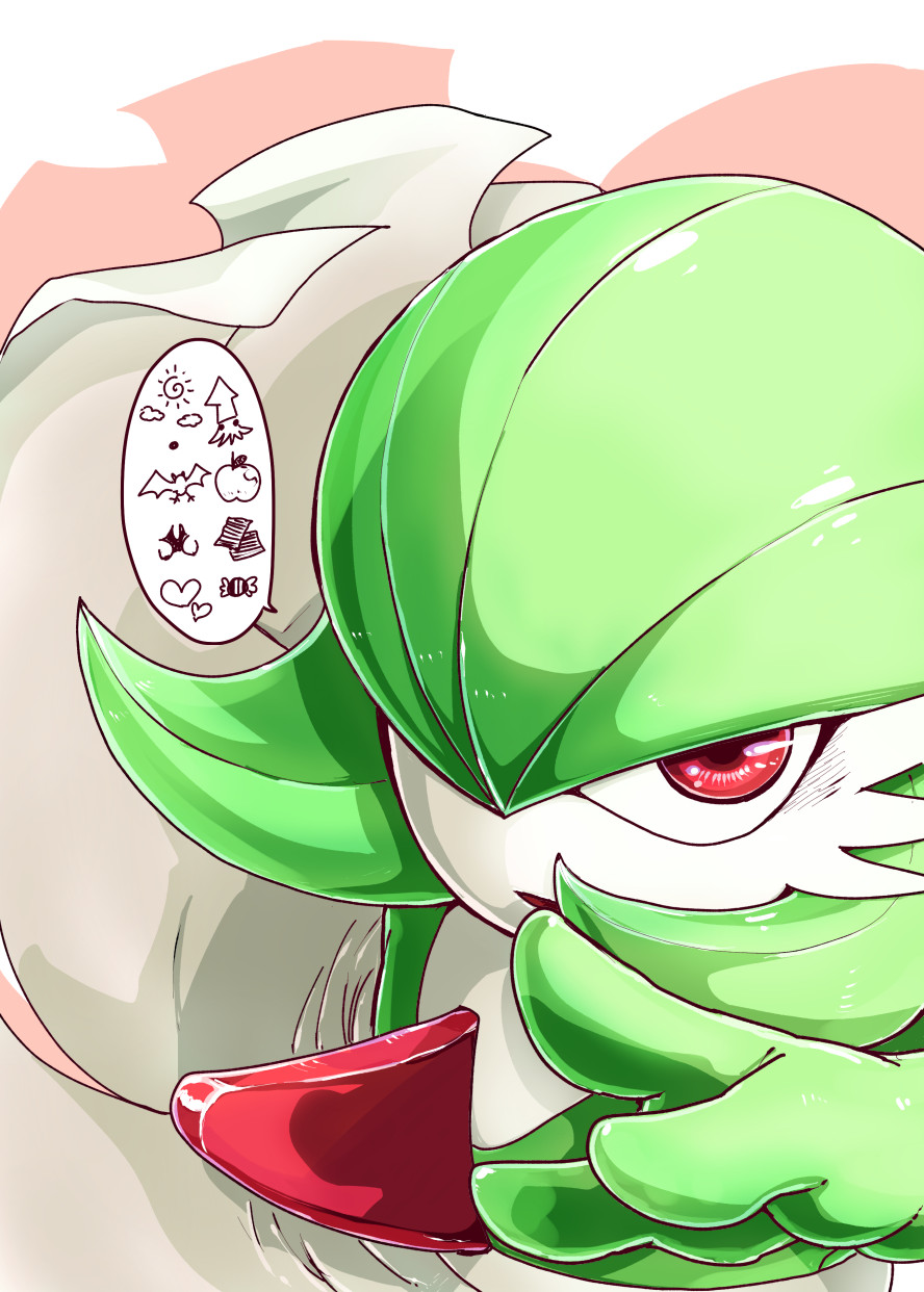 close-up commentary_request creatures_(company) game_freak gardevoir gen_3_pokemon green_hair highres looking_at_viewer nintendo no_humans open_mouth pokemon pokemon_(creature) red_eyes simple_background solo speech_bubble spoken_object toufu_(arc) white_skin