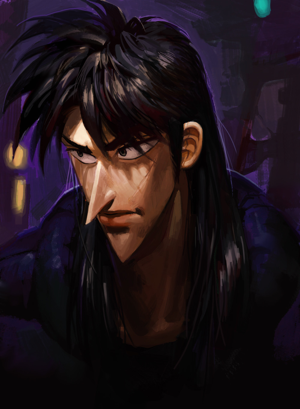 1boy black_eyes black_hair blurry blurry_background facial_scar highres itou_kaiji kaiji long_hair male_focus pointy_nose scar shishinnonoii sideburns solo spiky_hair upper_body