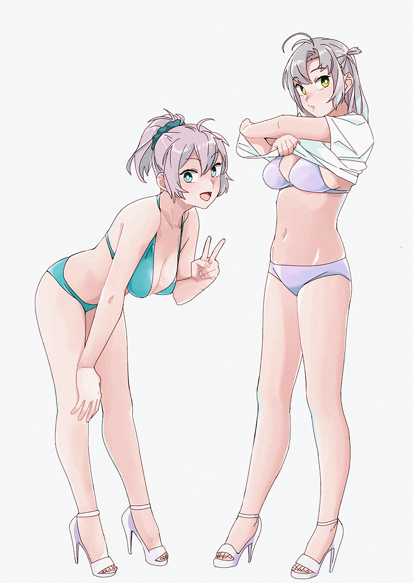 1girl aoba_(kantai_collection) aqua_bikini bikini blue_eyes breasts cleavage full_body grey_hair hair_tie hand_on_own_knee kantai_collection kinugasa_(kantai_collection) lavender_bikini looking_at_viewer medium_breasts ojipon open_toe_shoes ponytail purple_hair remodel_(kantai_collection) scrunchie short_hair side_ponytail simple_background solo standing swimsuit tsurime undressing v white_background yellow_eyes
