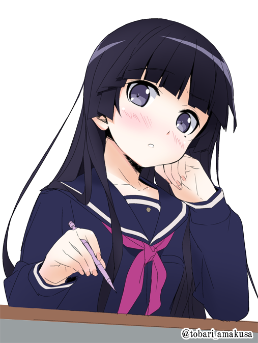 1girl amakusa_tobari black_hair blue_eyes blush gokou_ruri hime_cut mole mole_under_eye ore_no_imouto_ga_konna_ni_kawaii_wake_ga_nai sailor_senshi_uniform school_uniform sitting