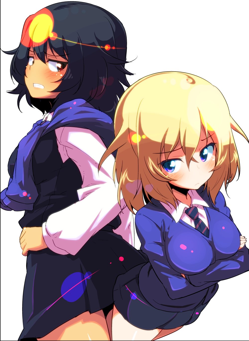 2girls andou_(girls_und_panzer) angry back-to-back bangs bc_freedom_school_uniform black_hair black_skirt black_vest blonde_hair blue_eyes blue_neckwear blue_sweater brown_eyes closed_mouth crossed_arms dark_skin diagonal_stripes dress_shirt eyebrows_visible_through_hair frown girls_und_panzer grimace hand_on_hip highres long_sleeves looking_at_another looking_at_viewer looking_back medium_hair messy_hair miniskirt multiple_girls necktie oshida_(girls_und_panzer) pleated_skirt red_neckwear school_uniform shirt simple_background skirt standing striped striped_neckwear sw sweater sweater_around_neck symbol_commentary vest white_background white_shirt wing_collar