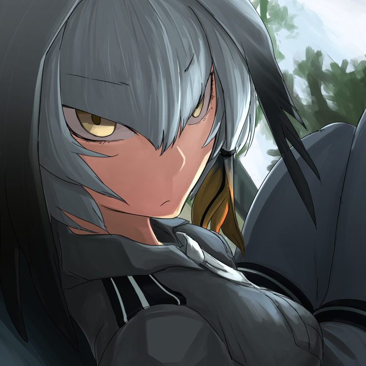 1girl :/ bangs black_hair breast_pocket closed_mouth collared_shirt commentary day eyebrows_visible_through_hair from_side grey_hair grey_legwear grey_neckwear grey_shirt grey_shorts hair_between_eyes i-pan kemono_friends long_hair looking_at_viewer low_ponytail multicolored_hair necktie orange_hair outdoors pocket shirt shoebill_(kemono_friends) shorts side_ponytail sitting solo yellow_eyes