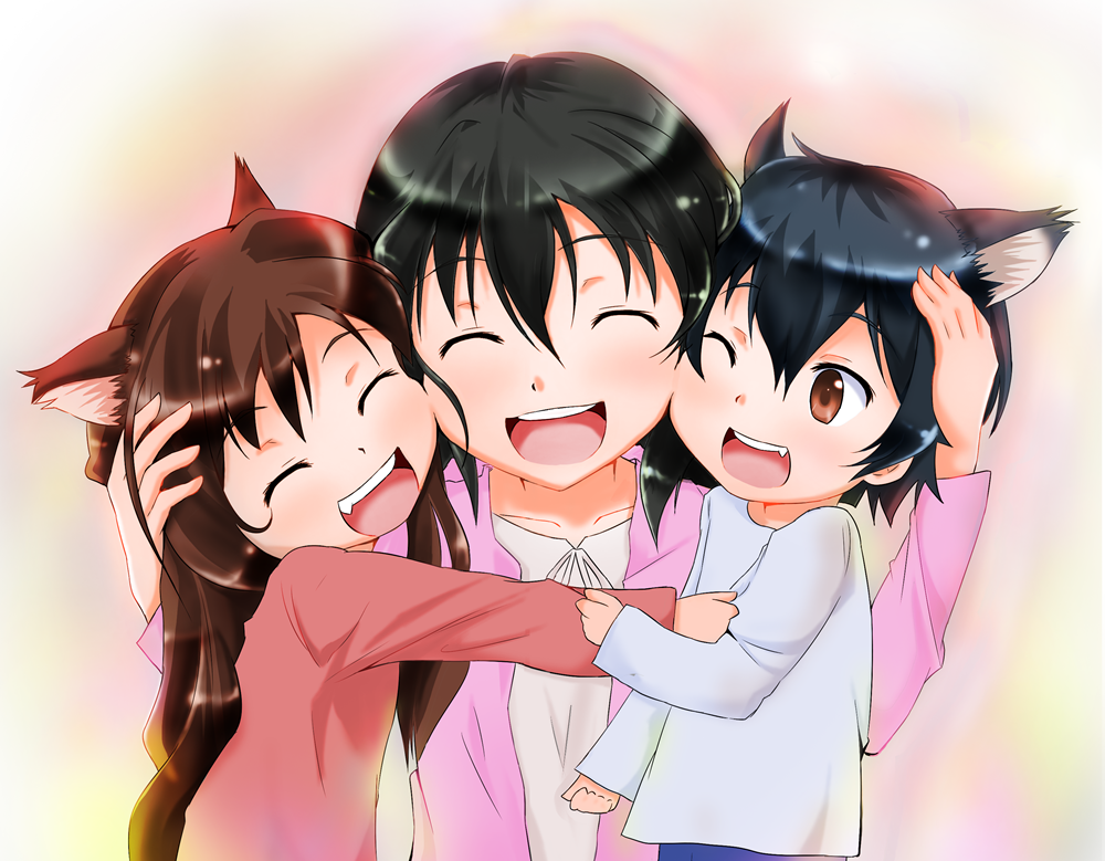 1boy 2girls ame_(ookami_kodomo) animal_ears azumawari_(azumofu) black_hair blue_hair brown_eyes brown_hair cheek-to-cheek commentary_request family hana_(ookami_kodomo) hug long_hair md5_mismatch mother_and_daughter mother_and_son multiple_girls one_eye_closed ookami_kodomo_no_ame_to_yuki open_mouth revision smile yuki_(ookami_kodomo)