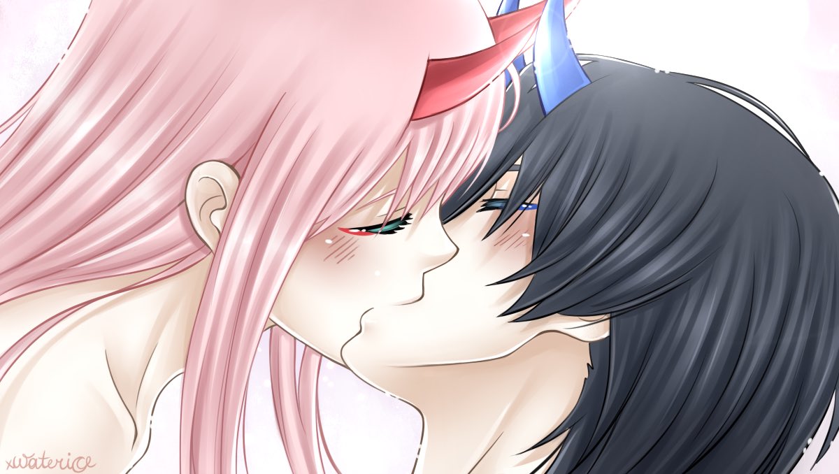 1boy 1girl bangs black_hair blue_horns blush closed_eyes commentary couple darling_in_the_franxx english_commentary face-to-face facing_another forehead-to-forehead hetero hiro_(darling_in_the_franxx) horns kiss long_hair oni_horns pink_hair red_horns shirtless signature xwaterice zero_two_(darling_in_the_franxx)