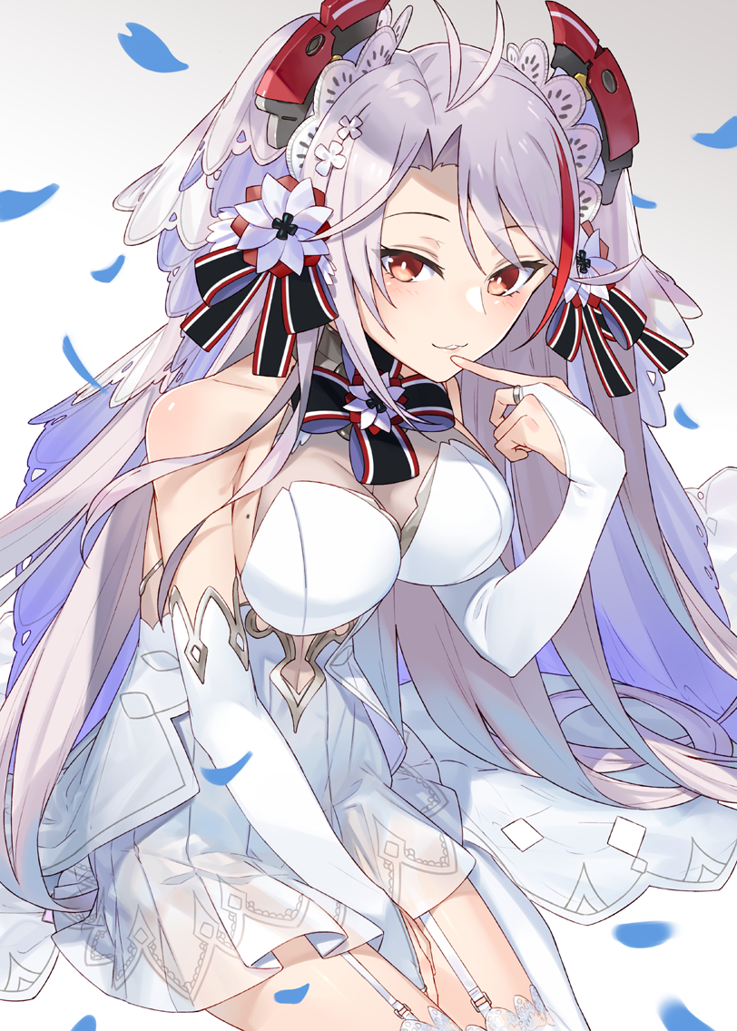 1girl alternate_costume antenna_hair armpits azur_lane bangs between_legs blush breasts bridal_gauntlets bridal_veil brown_eyes commentary dress eyebrows_visible_through_hair finger_to_mouth gloves hair_between_eyes hand_between_legs hayashi_kewi headgear iron_cross large_breasts leaning_forward long_hair looking_at_viewer mole mole_on_breast multicolored_hair parted_lips petals prinz_eugen_(azur_lane) redhead sapphire_(stone) see-through sideboob sidelocks silver_hair simple_background smile solo streaked_hair two_side_up upper_body veil very_long_hair white_dress white_gloves