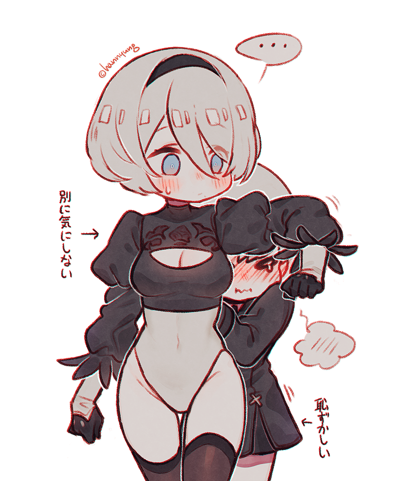 1boy 1girl black_legwear blue_eyes blush breasts cleavage_cutout covered_navel cowboy_shot eyebrows_visible_through_hair eyes_visible_through_hair feather-trimmed_sleeves gloves grey_hair hairband hn_(artist) juliet_sleeves leotard long_sleeves medium_breasts nier_(series) nier_automata no_blindfold puffy_sleeves short_hair simple_background speech_bubble thigh-highs translated white_background white_leotard yorha_no._2_type_b yorha_no._9_type_s