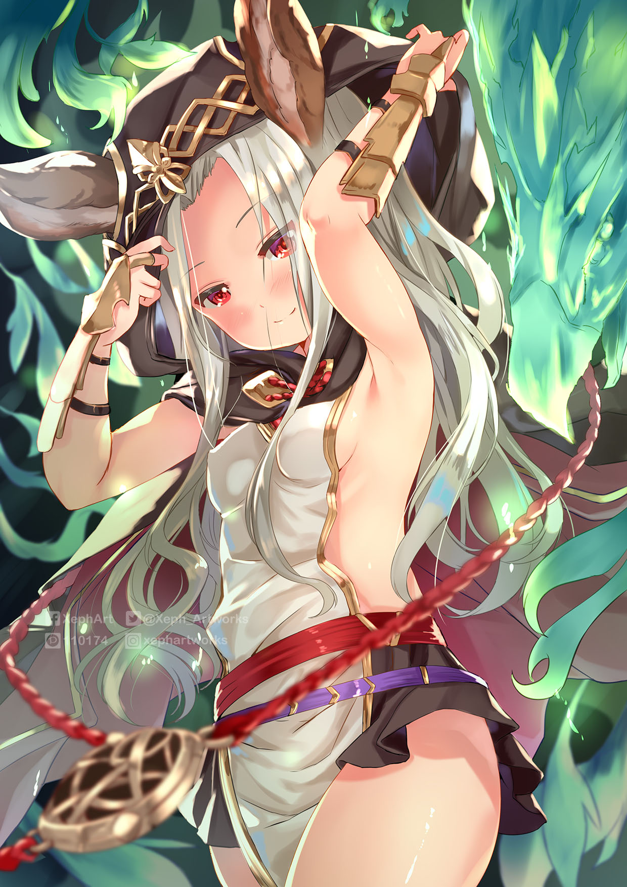 1girl animal_ears armpits arms_up black_skirt blush breasts cat_ears cloak closed_mouth ears_through_headwear erune granblue_fantasy highres hood hood_up hooded_cloak long_hair looking_at_viewer red_eyes scathacha_(granblue_fantasy) sideboob silver_hair skirt small_breasts smile solo watermark wrist_guards xephonia