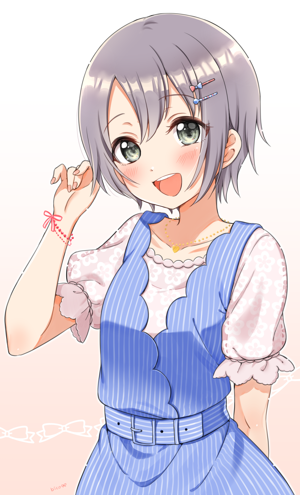 1girl :d artist_name bangs belt bico_(bicoris) blue_dress blush bracelet collarbone dress eyebrows_visible_through_hair floral_print gradient gradient_background grey_eyes grey_hair hand_up highres idolmaster idolmaster_cinderella_girls idolmaster_cinderella_girls_starlight_stage jewelry looking_at_viewer nail_polish necklace open_mouth otokura_yuuki outline pinafore_dress pink_background pink_nails pink_shirt print_shirt round_teeth shirt short_hair short_sleeves smile solo striped teeth upper_teeth vertical-striped_dress vertical_stripes white_outline