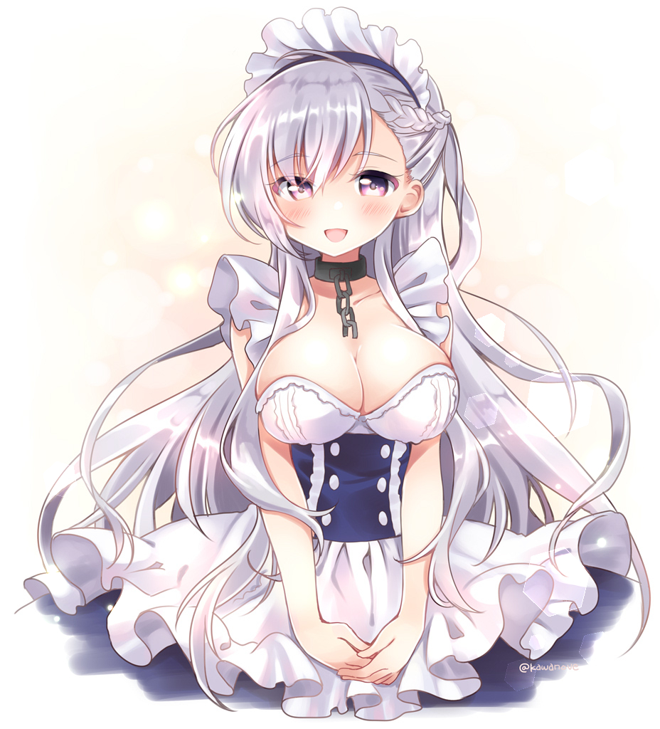 1girl apron azur_lane bangs belfast_(azur_lane) braid breasts brown_eyes chains cleavage collar collarbone commentary_request corset eyebrows_visible_through_hair french_braid frilled_apron frills kawanobe large_breasts looking_at_viewer maid maid_apron maid_headdress silver_hair solo v_arms waist_apron white_apron