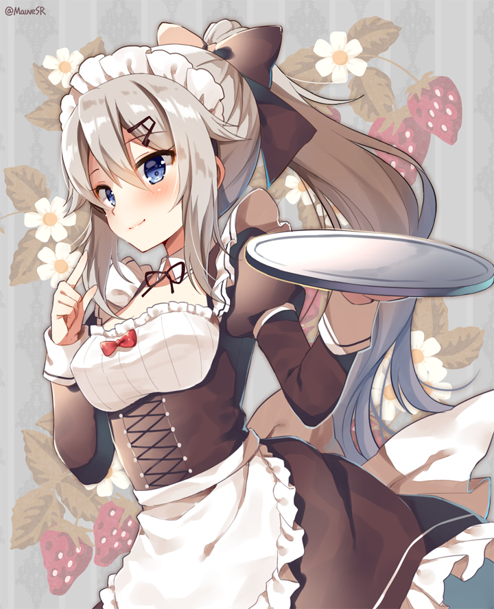 1girl 9a-91_(girls_frontline) apron bangs blue_eyes blush bow breasts brown_bow brown_dress closed_mouth commentary cross-laced_clothes detached_collar dress dutch_angle eyebrows_visible_through_hair flower food frilled_apron frills fruit girls_frontline grey_hair hair_between_eyes hair_bow hair_ornament hairclip hands_up high_ponytail holding holding_tray juliet_sleeves long_hair long_sleeves looking_at_viewer mauve ponytail puffy_sleeves red_bow sidelocks small_breasts smile solo strawberry striped striped_background tray twitter_username vertical-striped_background vertical_stripes very_long_hair waist_apron white_apron white_collar white_flower