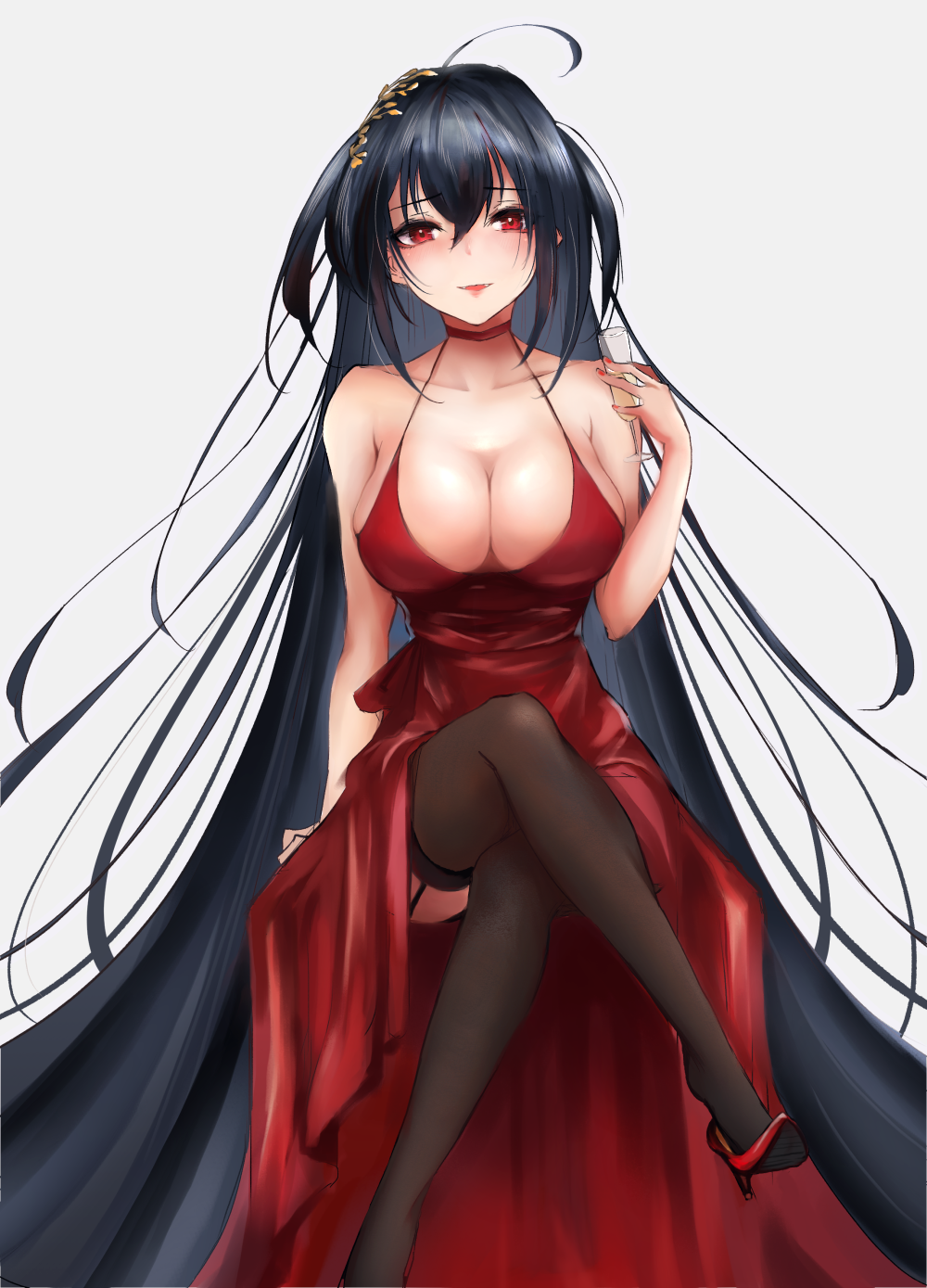 1girl absurdly_long_hair ahoge alcohol armpit_crease azur_lane bare_arms bare_shoulders black_hair black_legwear blush breasts champagne_flute cleavage collarbone cup dress drinking_glass eyebrows_visible_through_hair grey_background hair_between_eyes hair_ornament high_heels highres holding holding_cup huge_breasts kyarotto_(zenkixd) large_breasts legs_crossed long_hair looking_at_viewer red_dress red_eyes red_footwear simple_background sitting sleeveless sleeveless_dress smile solo taihou_(azur_lane) thigh-highs very_long_hair