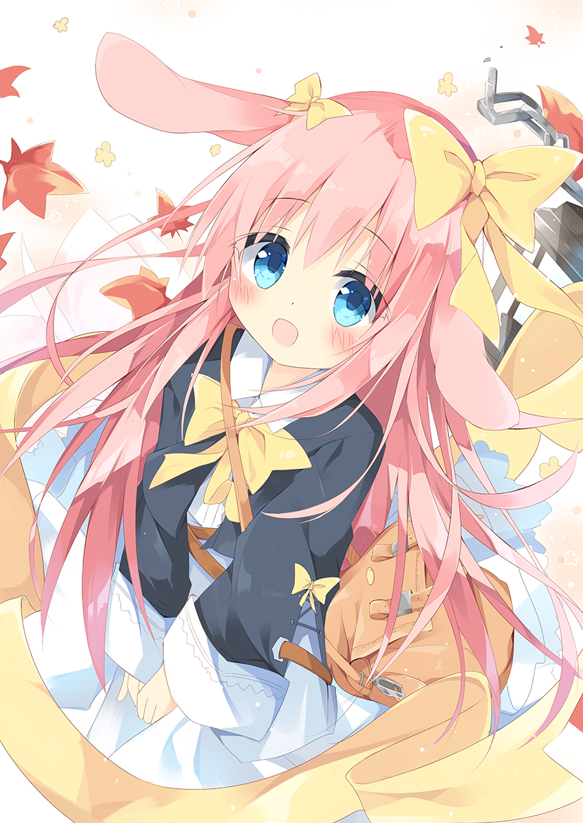 1girl :d animal_ears autumn_leaves bag bangs black_jacket blue_eyes blush bow chains collared_jacket commentary_request dress eyebrows_visible_through_hair hair_between_eyes hair_bow highres jacket kushida_you long_hair long_sleeves looking_at_viewer open_mouth original pink_hair rabbit_ears ribbon shoulder_bag smile solo v_arms very_long_hair white_dress wide_sleeves yellow_bow yellow_ribbon