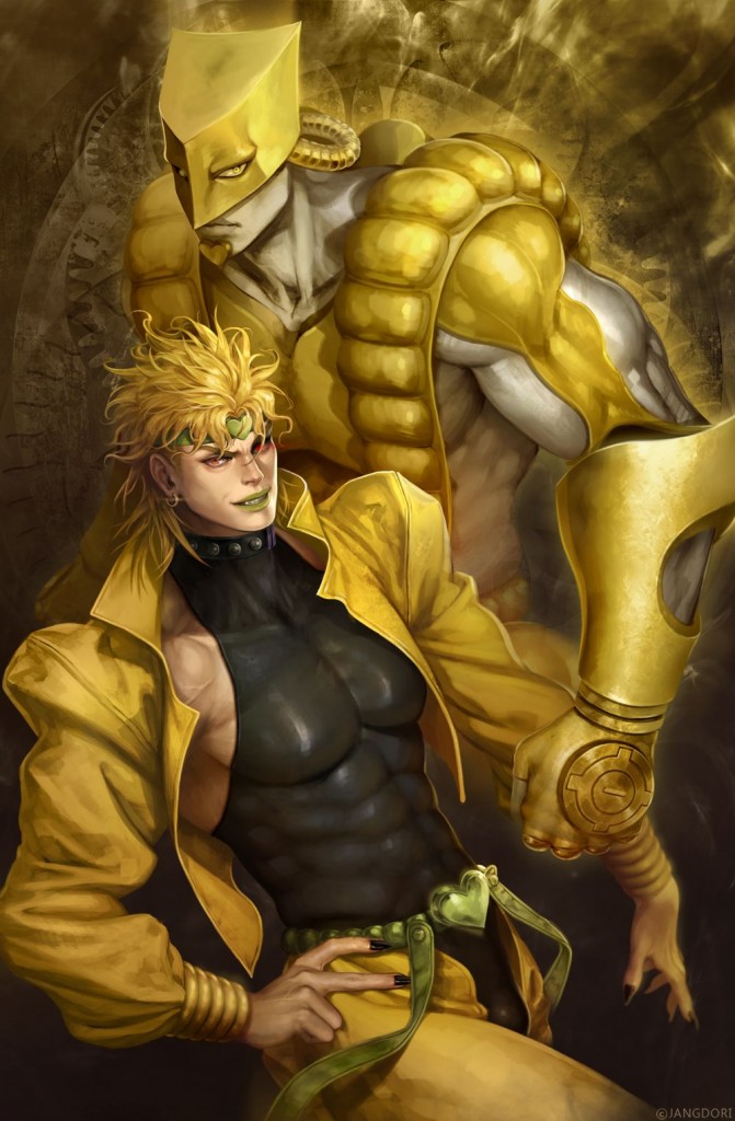 1boy 1other artist_name black_nails blonde_hair clenched_hand dio_brando earrings gloves green_headband hand_on_hip headband heart helmet jacket jdori jewelry jojo_no_kimyou_na_bouken lipstick looking_at_viewer makeup male_focus muscle nail_polish red_eyes stand_(jojo) standing the_world vampire yellow_gloves yellow_jacket
