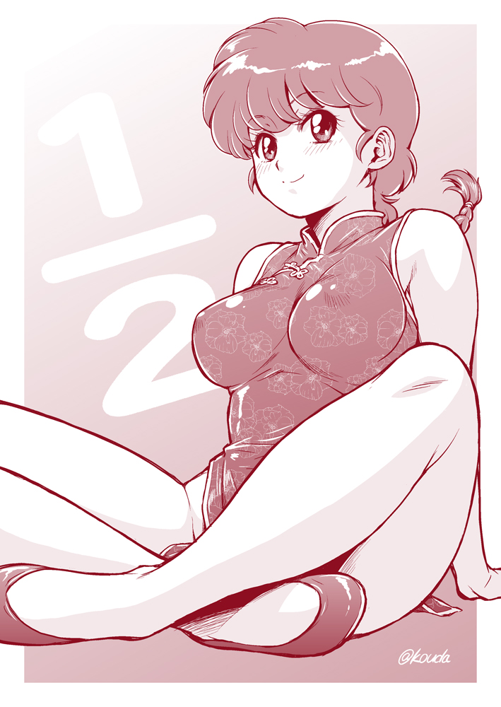 1girl braid breasts china_dress chinese_clothes covered_nipples dress eyebrows_visible_through_hair genderswap genderswap_(mtf) indian_style kouda_tomohiro long_hair medium_breasts monochrome ranma-chan ranma_1/2 saotome_ranma single_braid sitting sleeveless smile solo twitter_username