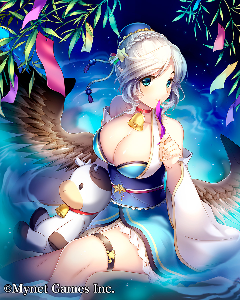 1girl bare_shoulders bell blue_eyes blue_hat braid breasts crown_braid detached_sleeves feathered_wings hair_ornament hat large_breasts looking_at_viewer maboroshi_juuhime night night_sky official_art robosuke sitting sky star star_(sky) star_hair_ornament starry_sky stuffed_cow tanabata thigh_strap watermark white_hair wide_sleeves wings