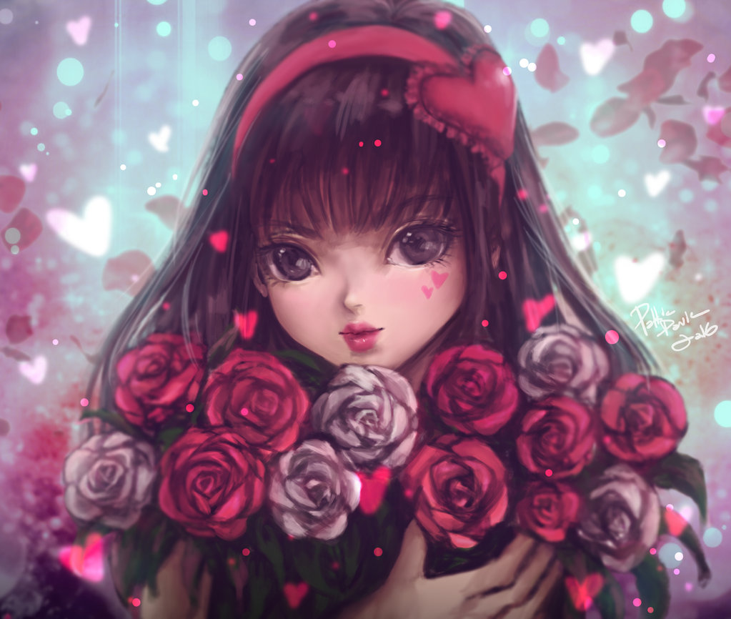 1girl bangs black_eyes commentary eyelashes flower hairband heart holding holding_flower lips looking_at_viewer original red_flower red_hairband red_rose rose signature solo white_flower white_rose