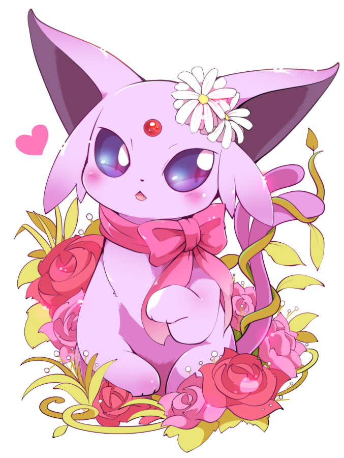 azuma_minatsu blue_eyes blush bow creatures_(company) espeon fang flower game_freak gen_2_pokemon heart looking_at_viewer nintendo no_humans open_mouth pink_bow pink_flower pink_rose pokemon pokemon_(creature) red_flower red_rose rose simple_background sparkle white_background