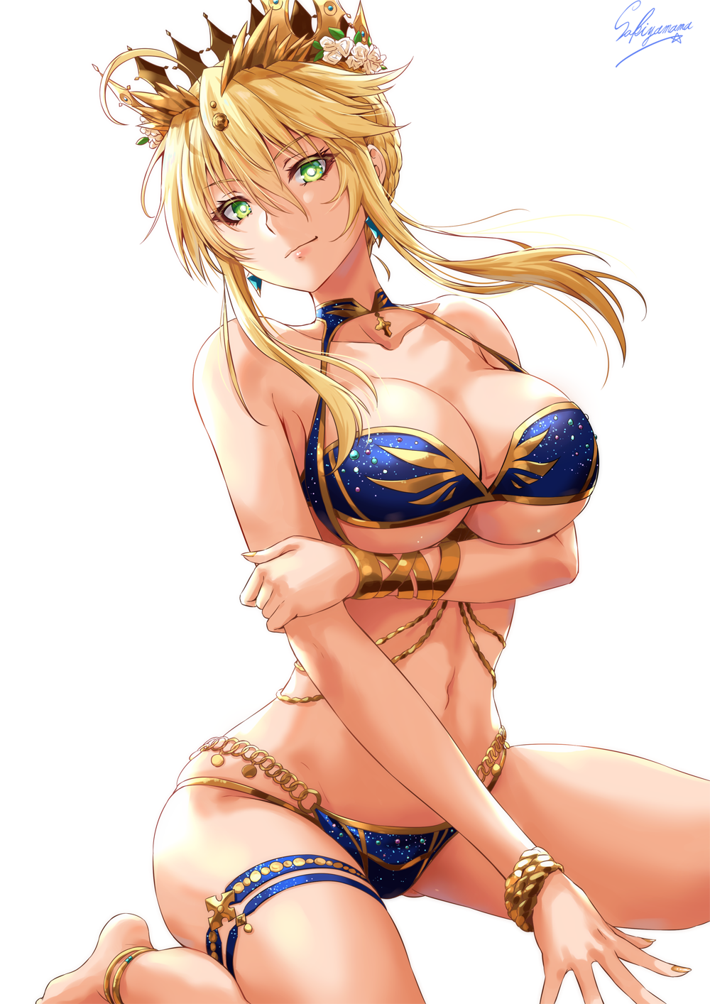 1girl anklet arm_under_breasts artoria_pendragon_(all) artoria_pendragon_(lancer) bangs bare_shoulders belly_chain bikini blonde_hair blue_bikini bracelet breast_hold breasts cleavage closed_mouth collarbone commentary_request cross crown day eyelashes fate/grand_order fate_(series) flower green_eyes hair_between_eyes hair_flower hair_ornament highres hips jewelry large_breasts light_rays lips long_hair looking_at_viewer navel sakiyamama sidelocks simple_background sitting sky smile solo swimsuit thigh_strap thighs under_boob waist wariza white_background white_pupils