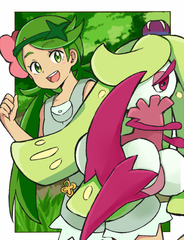 1girl blush_stickers creatures_(company) cu-sith dark_skin flower game_freak gen_7_pokemon grass green_eyes green_hair hair_flower hair_ornament long_hair mallow_(pokemon) nintendo open_mouth overalls pokemon pokemon_(creature) pokemon_(game) pokemon_sm trial_captain tsareena twintails