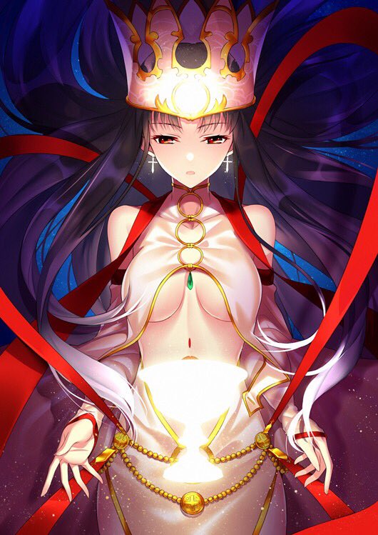 1girl breasts commentary_request cosplay crown dress_of_heaven expressionless eyelashes fate/grand_order fate_(series) gold_trim irisviel_von_einzbern irisviel_von_einzbern_(caster) irisviel_von_einzbern_(caster)_(cosplay) ishtar_(fate/grand_order) looking_at_viewer navel open_mouth solo under_boob upper_body yaoshi_jun