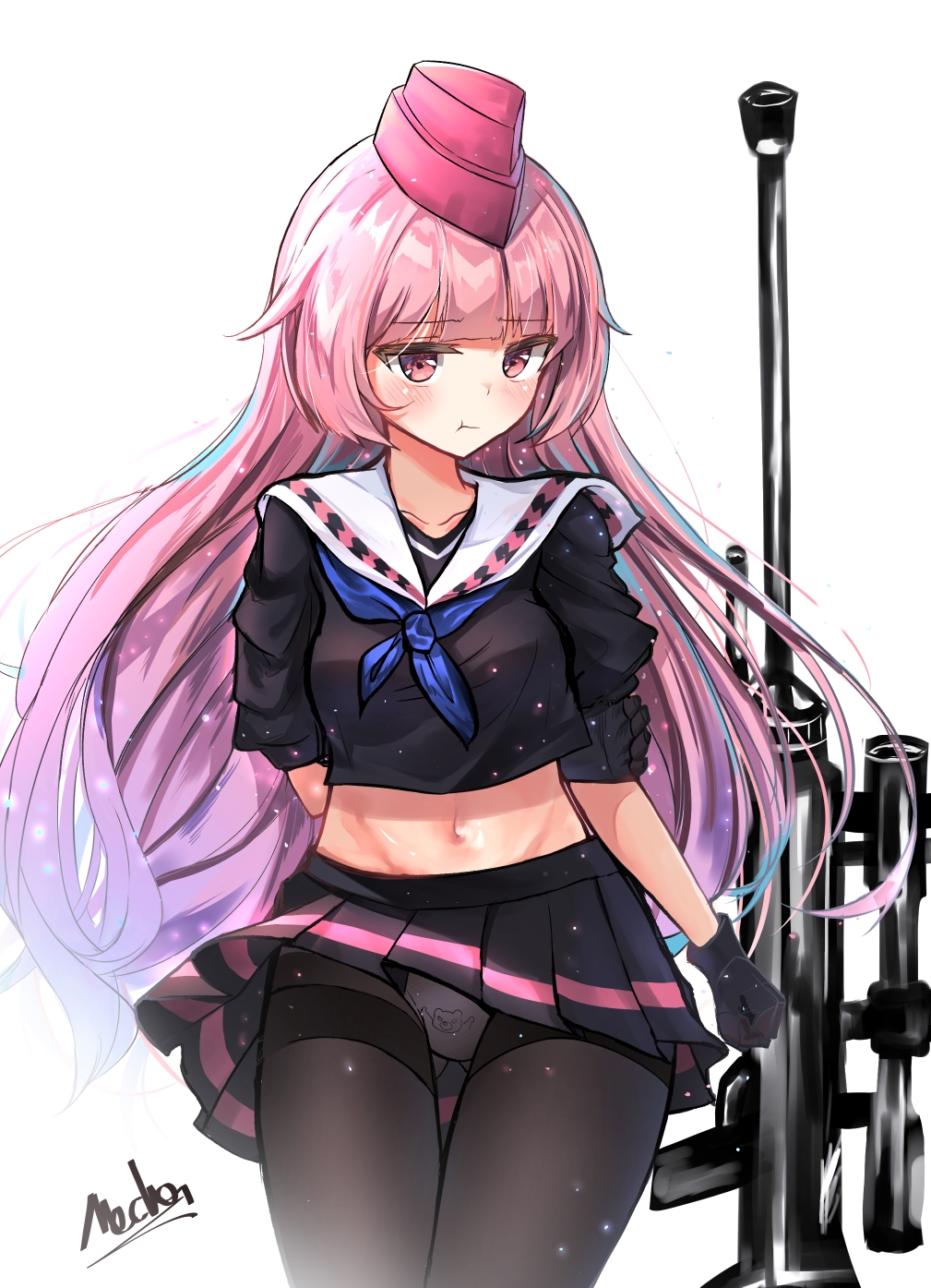 1girl :t alswp5806 animal_print anti-materiel_rifle bangs bear_panties bear_print black_gloves black_legwear black_serafuku black_shirt black_skirt blue_neckwear blush closed_mouth collarbone eyebrows_visible_through_hair garrison_cap girls_frontline gloves gun hat highres long_hair midriff navel neckerchief ntw-20 ntw-20_(girls_frontline) object_namesake panties panties_under_pantyhose pantyhose pink_hair pleated_skirt pout print_panties puffy_short_sleeves puffy_sleeves red_eyes red_hat rifle sailor_collar school_uniform serafuku shirt short_sleeves signature simple_background skirt skirt_lift sniper_rifle solo thighband_pantyhose underwear very_long_hair weapon white_background white_panties white_sailor_collar