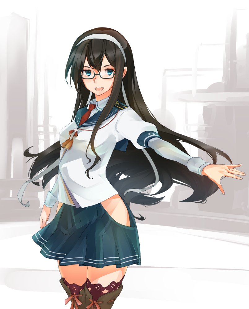 1girl black_hair blue_eyes glasses hairband hip_vent kantai_collection lace lace-trimmed_thighhighs legs long_hair military military_uniform naval_uniform ooyodo_(kantai_collection) ribbon school_uniform semi-rimless_eyewear serafuku solo thigh-highs under-rim_eyewear uniform white_ribbon yamaioni_(sasakama)