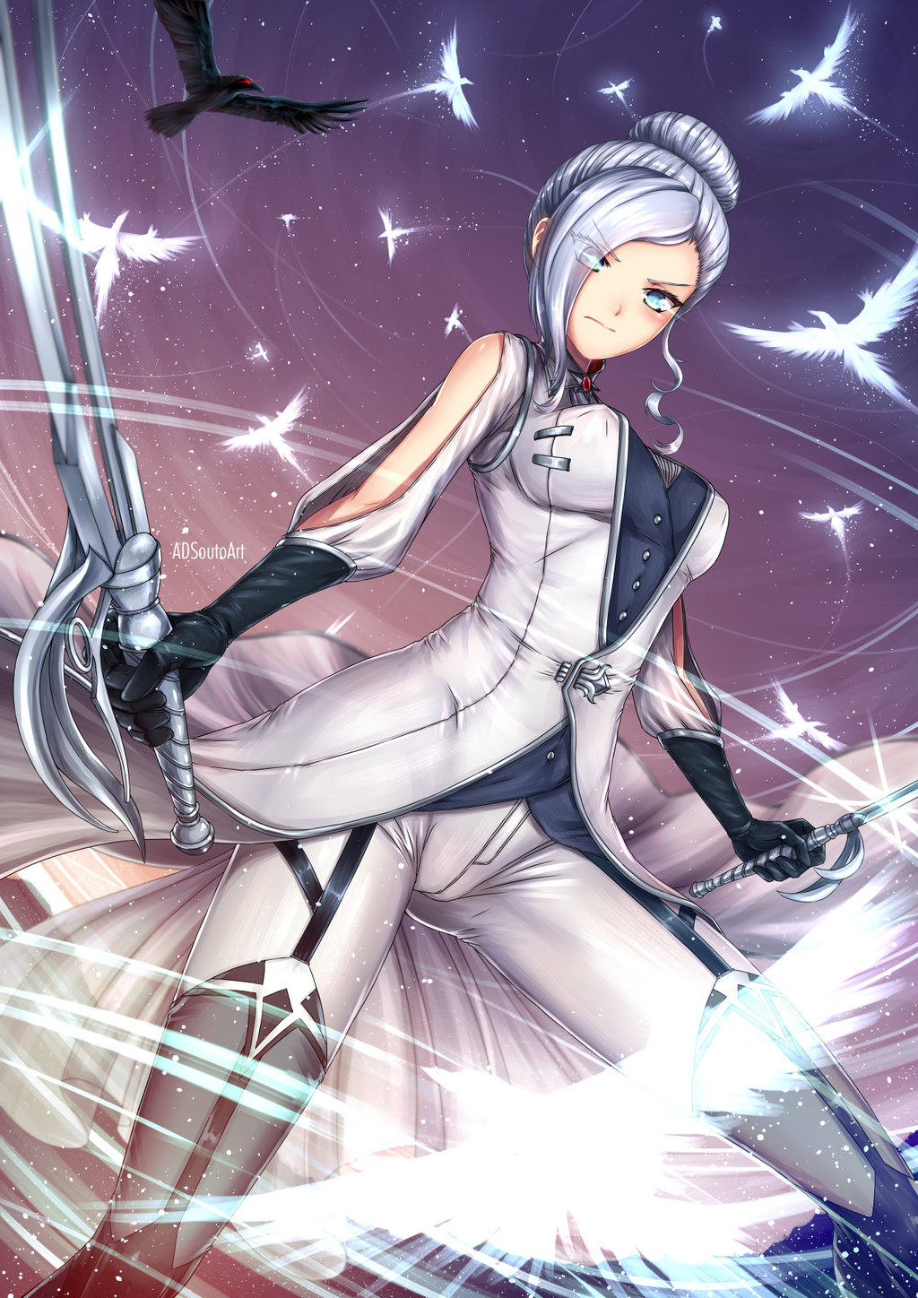 1girl adsouto bird blue_eyes blush breasts commentary dual_wielding eyebrows_visible_through_hair eyes_visible_through_hair gloves hair_bun hair_over_one_eye highres holding large_breasts looking_at_viewer raven_(animal) rwby sword uniform weapon white_hair winter_schnee