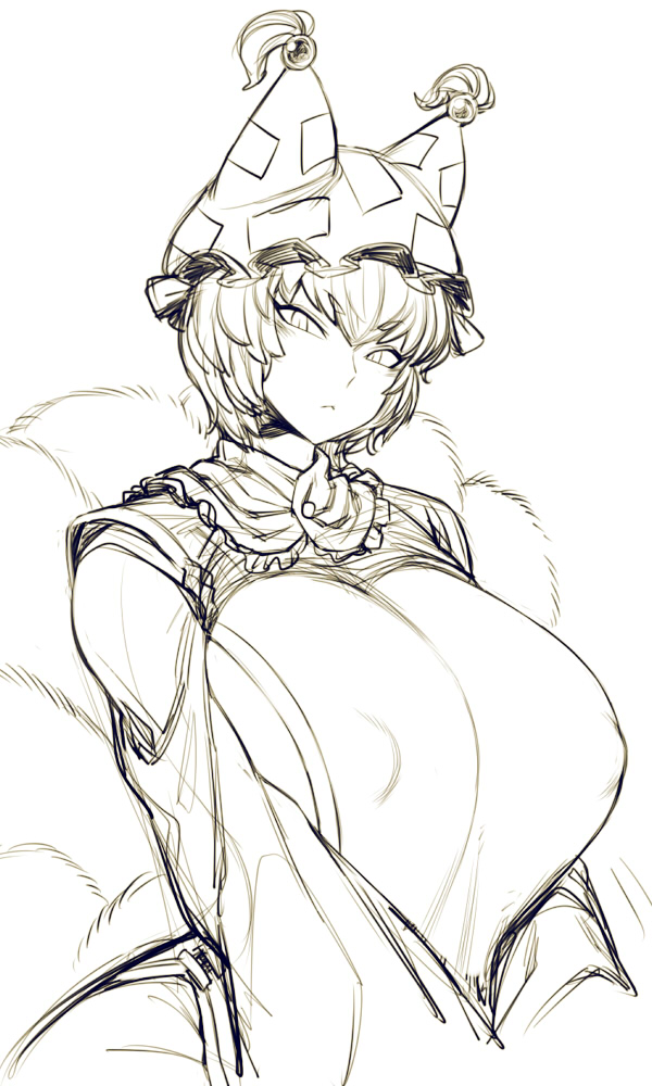 1girl breast_squeeze breasts covered_nipples eyebrows_visible_through_hair fox_tail frilled_shirt_collar frills hat huge_breasts looking_at_viewer monochrome multiple_tails pillow_hat short_hair slit_pupils space_jin tabard tail tassel touhou wide_hips wide_sleeves yakumo_ran