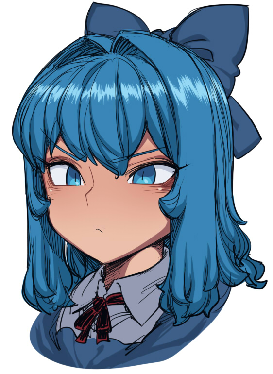 1girl blue_eyes blue_hair bow cirno close-up face hair_bow medium_hair neck_ribbon ribbon shirt simple_background solo space_jin touhou white_background