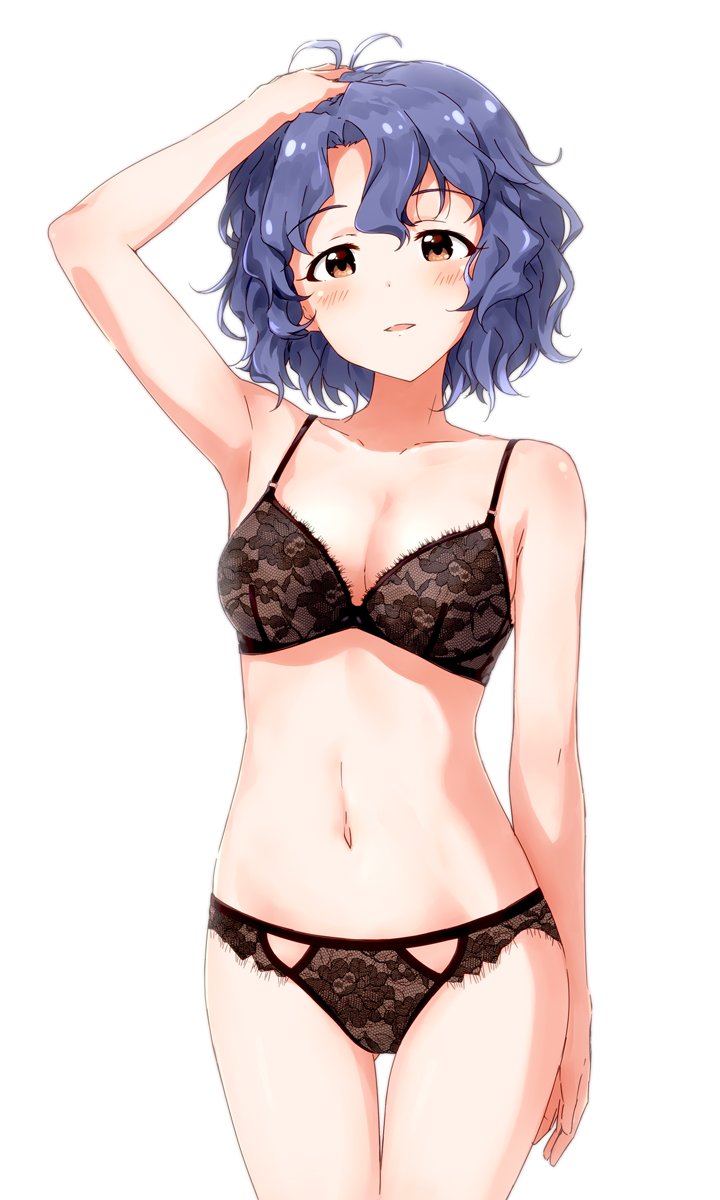 1girl black_bra black_panties blue_hair blush bra breasts brown_eyes cleavage commentary hand_in_hair hand_on_own_head highres idolmaster idolmaster_million_live! lingerie looking_at_viewer medium_breasts panties short_hair smile solo suke_(momijigari) toyokawa_fuuka underwear