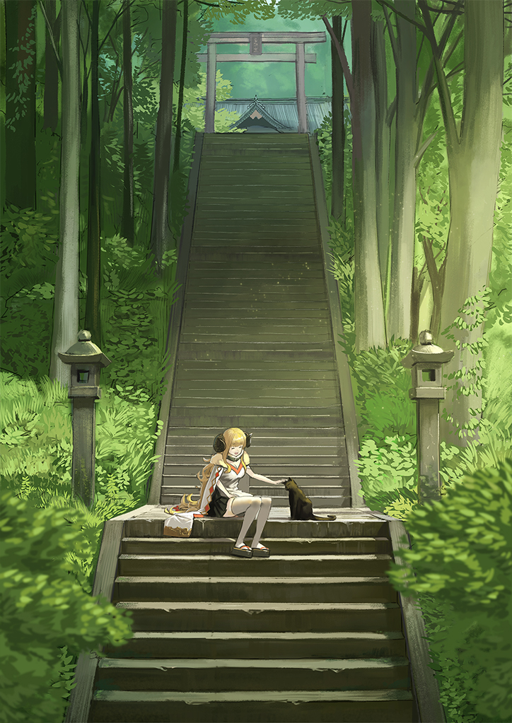 1girl :d anila_(granblue_fantasy) animal black_cat black_footwear black_skirt blonde_hair breasts cape cat cleavage closed_eyes commentary_request curled_horns day draph forest granblue_fantasy horns large_breasts long_hair nature on_ground open_mouth outdoors petting plant platform_footwear pleated_skirt sheep_horns shirt shrine sitting sitting_on_stairs skirt smile solo stairs stone_stairs thigh-highs torii tree very_long_hair wasabi60 white_cape white_legwear white_shirt wide_shot zouri