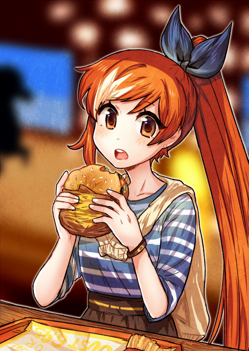 1girl blue_ribbon brown_eyes brown_hair commentary crunchyroll earrings eating english_commentary flat_chest food hair_ribbon hamburger high-waist_skirt high_ponytail hime_(crunchyroll) jewelry kataro long_hair mascot multicolored_hair open_mouth ribbon skirt solo streaked_hair striped stud_earrings sweater_around_neck very_long_hair watch watch white_hair