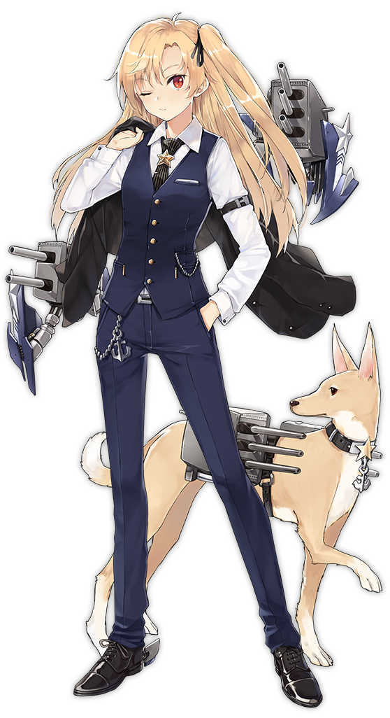 1girl azur_lane black_neckwear blonde_hair blush cleveland_(azur_lane) closed_mouth collared_shirt dog eyebrows_visible_through_hair full_body hand_in_pocket hao_(patinnko) long_hair long_sleeves looking_at_viewer necktie official_art one_eye_closed red_eyes shirt solo star transparent_background