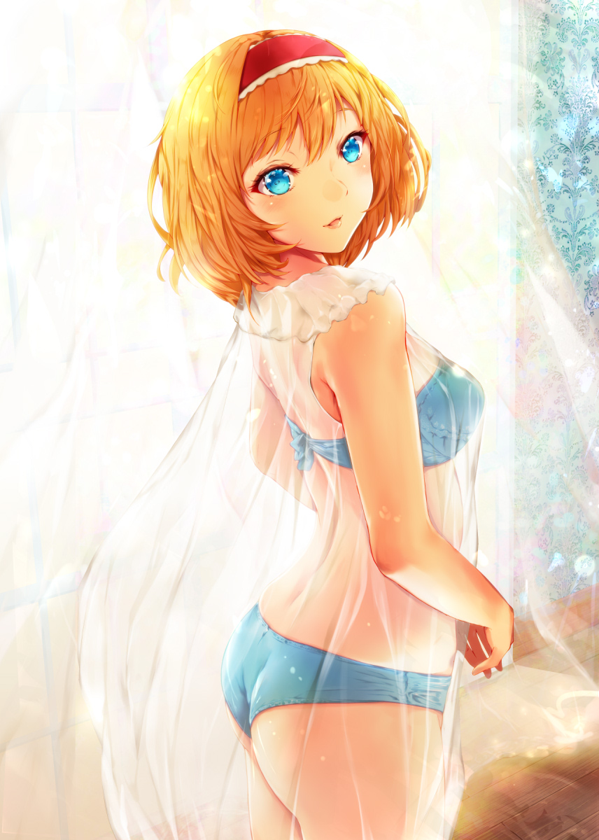 1girl alice_margatroid ass bandeau bangs bare_arms bare_shoulders blonde_hair blue_bra blue_eyes blue_panties blush bra breasts commentary_request cowboy_shot curtains eyebrows_visible_through_hair from_side hair_between_eyes hairband highres lens_flare lips looking_at_viewer looking_back mayonaka_taruho medium_breasts panties parted_lips red_hairband see-through short_hair smile solo standing strapless strapless_bra thighs touhou underwear window wooden_floor