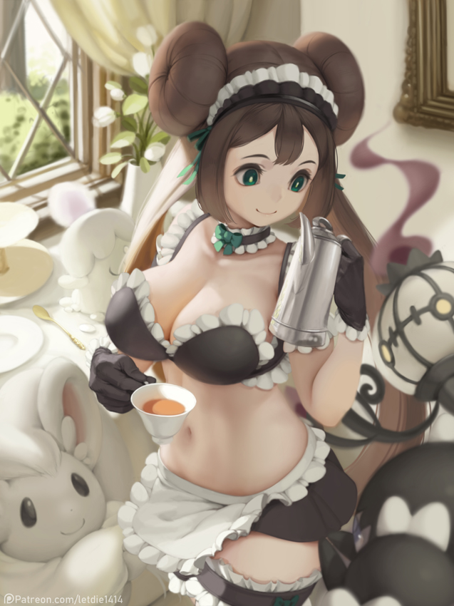 1girl alternate_costume apron bare_arms bow bowtie breasts brown_hair chandelure cinccino cleavage closed_mouth creatures_(company) crop_top cup curtains day double_bun drink enmaided flower flower_pot frills game_freak gen_5_pokemon gloves gothorita green_eyes hand_up holding holding_cup holding_teapot indoors large_breasts letdie1414 litwick long_hair looking_at_another maid maid_apron maid_headdress mei_(pokemon) microskirt midriff navel nintendo pokemon pokemon_(creature) pokemon_(game) pokemon_bw2 skirt smile spoon standing stomach teapot thigh_strap twintails very_long_hair waist_apron watermark web_address white_pupils window