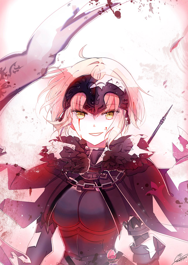 1girl armor armored_dress banner black_cape black_dress blood blood_on_face blood_splatter breasts cape chains dress emo_(ricemo) eyebrows_visible_through_hair fate/grand_order fate_(series) floating_hair fur_trim grin hair_between_eyes holding holding_sword holding_weapon jeanne_d'arc_(alter)_(fate) jeanne_d'arc_(fate)_(all) large_breasts looking_at_viewer petals short_hair signature silver_hair smile solo sword upper_body weapon white_background yellow_eyes