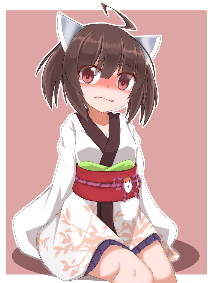 1girl ahoge ao_(aoblueao) bangs blue_skirt blush brown_background brown_hair commentary_request eyebrows_visible_through_hair hair_between_eyes headgear headphones japanese_clothes kimono long_sleeves looking_at_viewer nose_blush obi outline parted_lips pleated_skirt red_eyes sash short_hair short_kimono skirt sleeves_past_fingers sleeves_past_wrists solo tears touhoku_kiritan twintails two-tone_background voiceroid white_background white_kimono white_outline