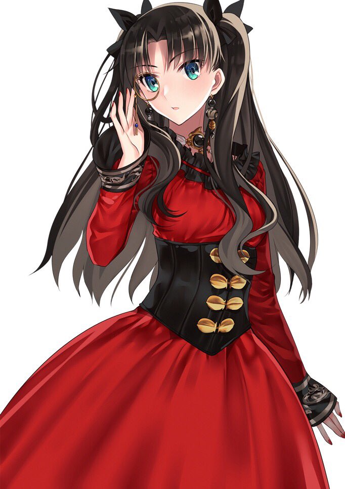&gt;:o 1girl :o adjusting_eyewear alternate_costume aqua_eyes arm_at_side bangs black_hair black_ribbon dress earrings eyebrows_visible_through_hair eyes_visible_through_hair fate/stay_night fate_(series) female hair_ribbon hand_up highres jewelry long_hair long_sleeves looking_at_viewer monocle nail_polish neck necklace open_mouth parted_bangs red_dress red_nails ribbon simple_background solo standing tohsaka_rin two_side_up type-moon wavy_hair white_background yaoshi_jun