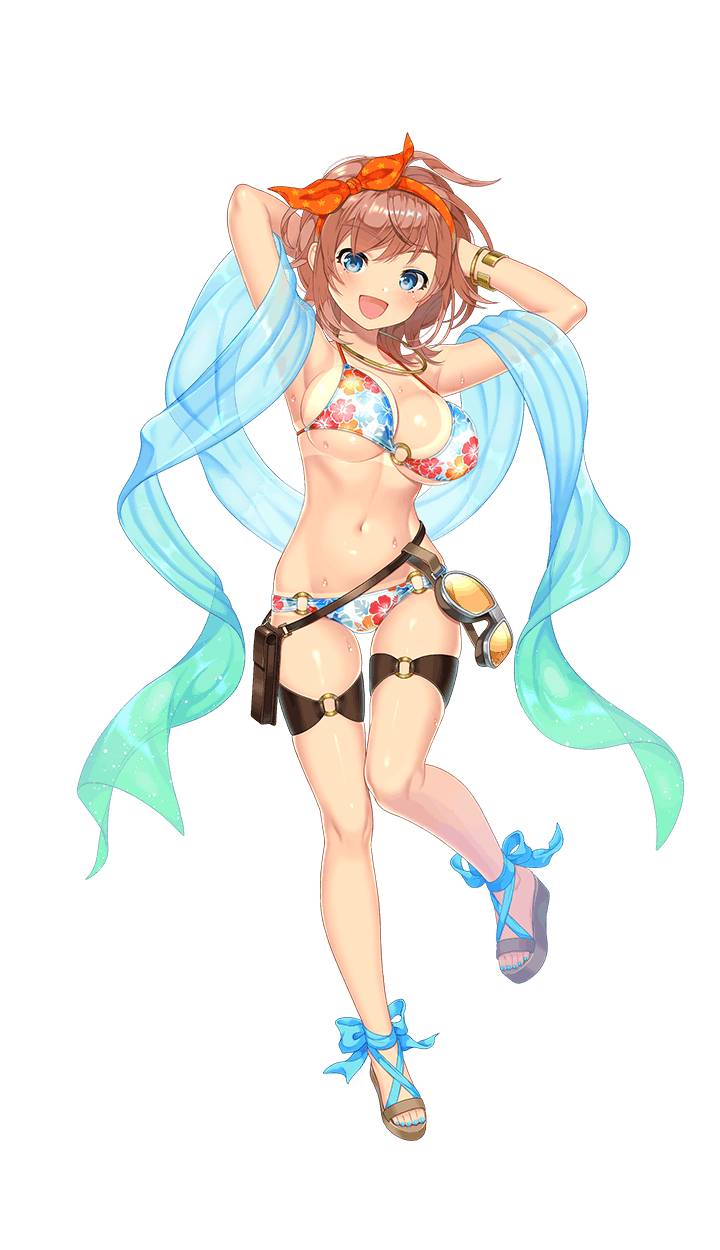 1girl :d alternate_costume arms_behind_head bandanna bikini blue_eyes bracelet breasts brown_hair dominic_shangri-la formation_girls full_body goggles highres jewelry kamura_poku large_breasts looking_at_viewer midriff navel official_art open_mouth sandals short_hair smile solo swimsuit transparent_background