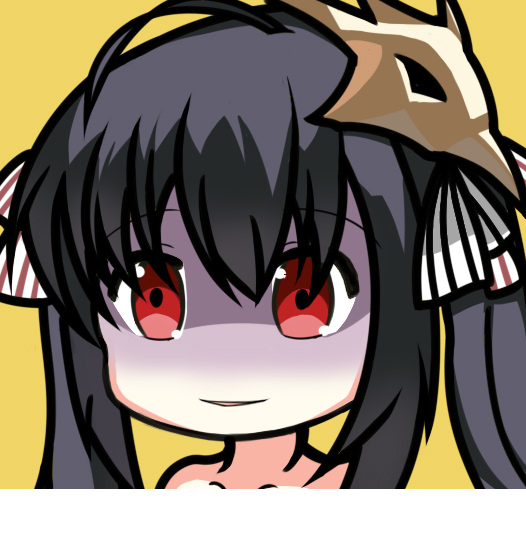 1girl ahoge azur_lane bangs bare_shoulders black_hair blush collarbone evil_smile eyebrows_visible_through_hair hair_between_eyes hair_ribbon long_hair mask mask_on_head nagato-chan parted_lips portrait red_eyes ribbon shaded_face simple_background smile solo striped striped_ribbon taihou_(azur_lane) twintails white_ribbon yellow_background