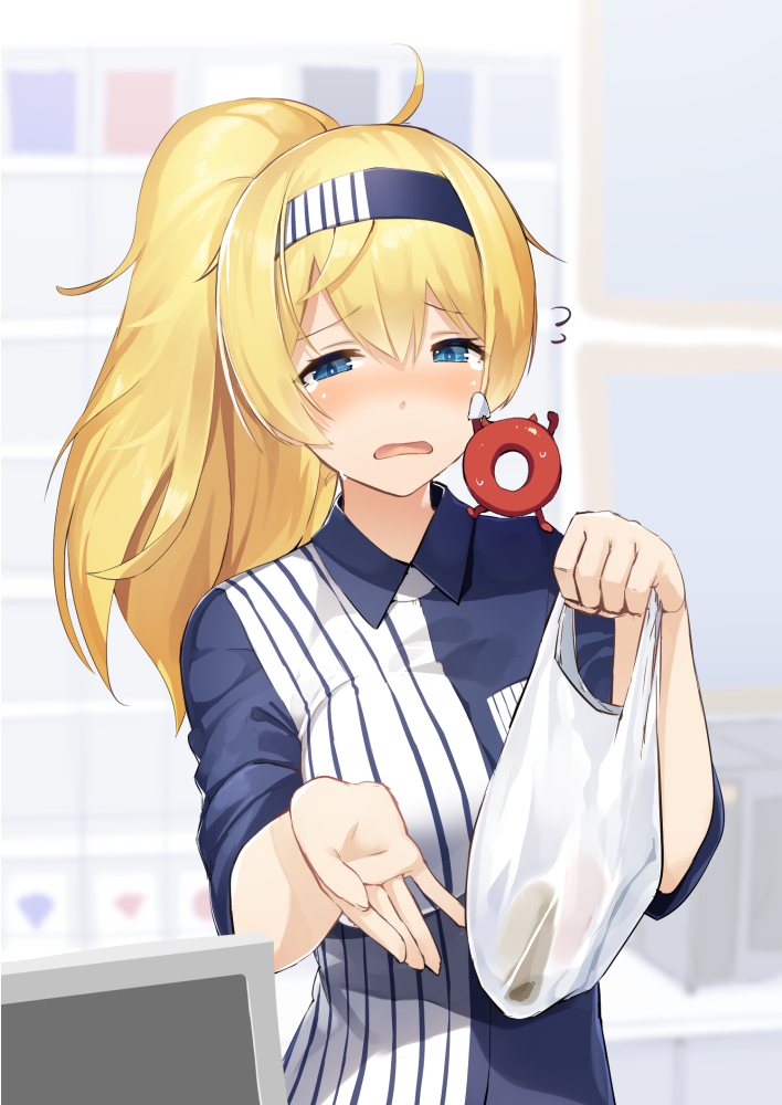 1girl ahoge alternate_hairstyle bag bangs blonde_hair blue_eyes blue_shirt blurry blurry_background breast_pocket cash_register collared_shirt creature creature_on_shoulder crying employee_uniform enemy_lifebuoy_(kantai_collection) flying_sweatdrops frown gambier_bay_(kantai_collection) hairband holding holding_bag kantai_collection lawson long_hair long_ponytail meth_(emethmeth) multicolored_hair plastic_bag pocket ponytail shiny shiny_hair shirt short_sleeves striped striped_shirt tears two-tone_hair uniform upper_body vertical-striped_shirt vertical_stripes wing_collar wiping_tears