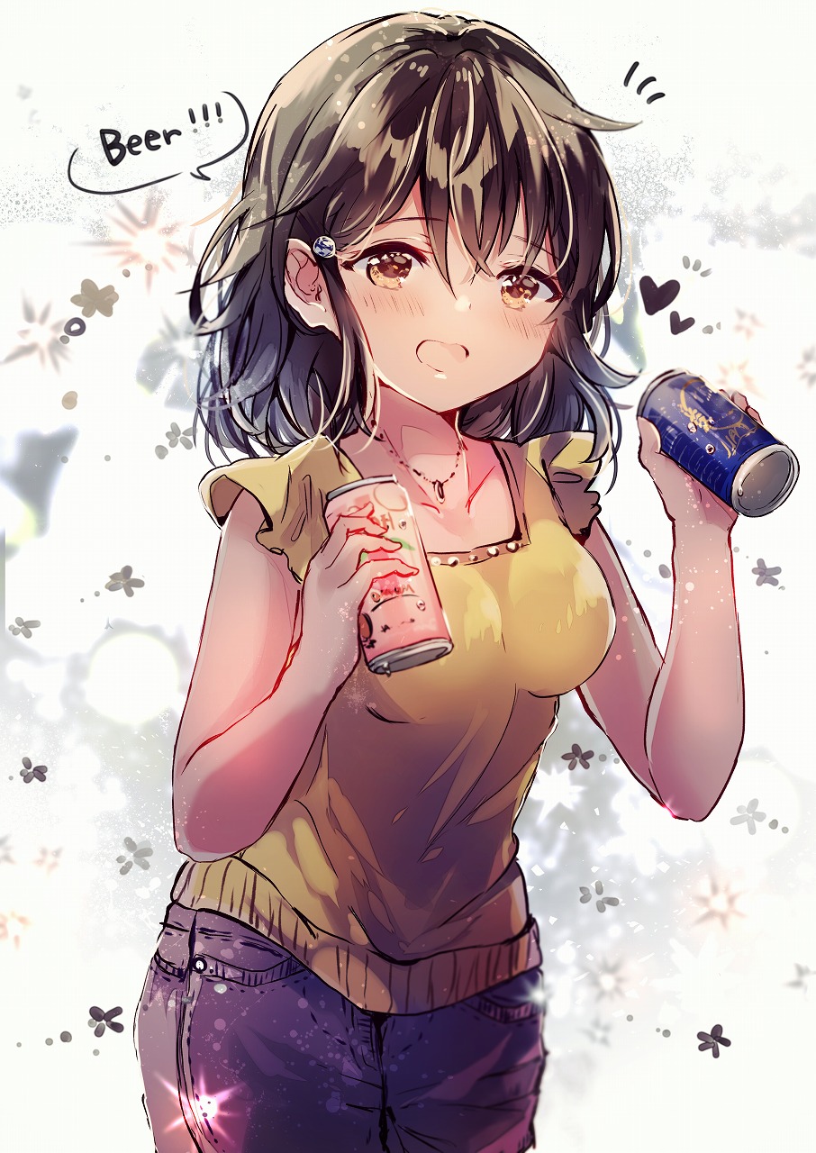 1girl :d beer_can black_hair blouse breasts brown_eyes can cowboy_shot denim hair_ornament heart highres holding holding_can jeans jewelry looking_at_viewer medium_breasts nanahamu necklace open_mouth original pants short_hair sleeveless_blouse smile solo yellow_blouse