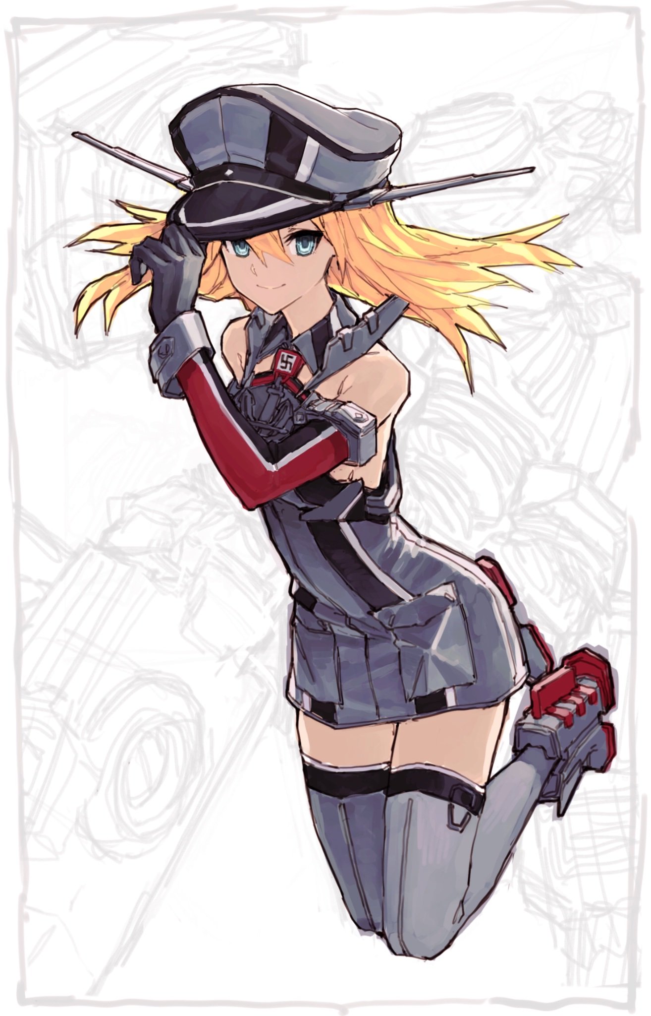 1girl air_qh bare_shoulders bismarck_(kantai_collection) blonde_hair blue_eyes breastplate detached_sleeves full_body gloves hat highres kantai_collection long_hair looking_at_viewer military military_hat military_uniform peaked_cap solo thigh-highs uniform